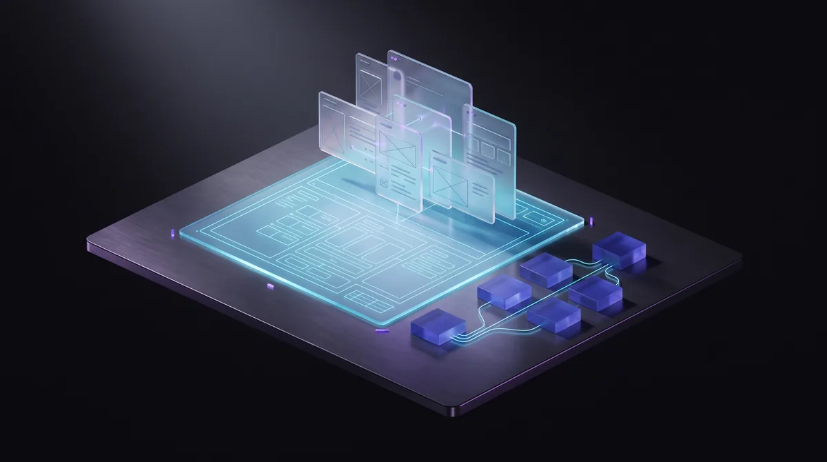 Artistieke impressie van een digitale werktafel waar een blauwdruk uitgroeit tot software.